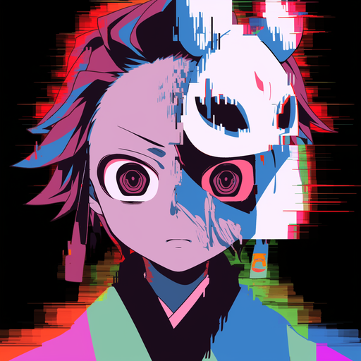 Glitch-art style illustration inspired by the anime Demon Slayer