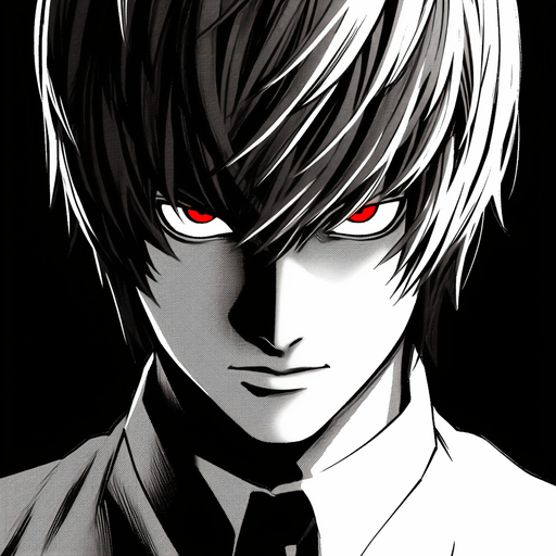 Black and white anime character with intense gaze.