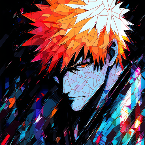 Colorful portrait of Ichigo Kurosaki, a character from the anime series Bleach, in a glass mosaic style.