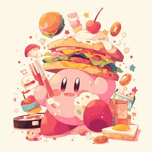 Cute and colorful Kirby profile picture with a food theme, featuring the animated character surrounded by a variety of playful and delicious-looking treats.