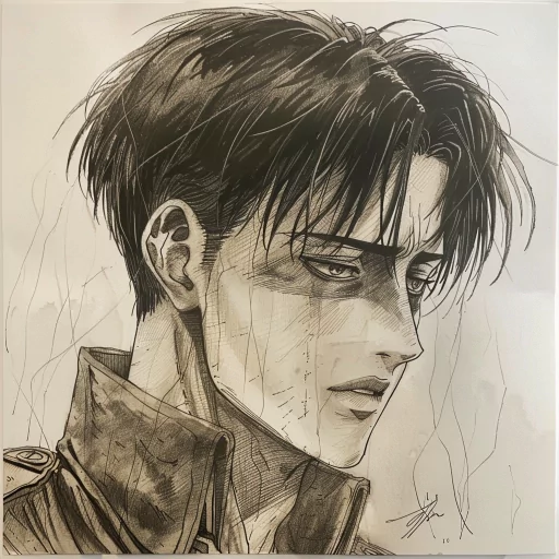 Illustration of Levi Ackerman from Attack on Titan for use as a profile picture with detailed sketch lines and sepia tones.