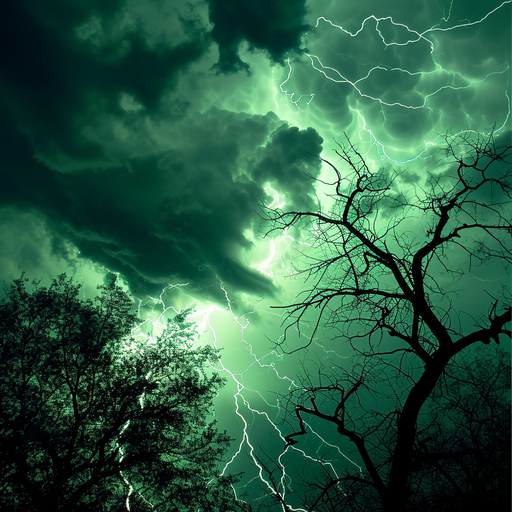 Green sky with lightning bolts.