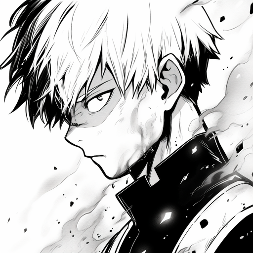 Black and white anime character with red and white hair and serious expression.