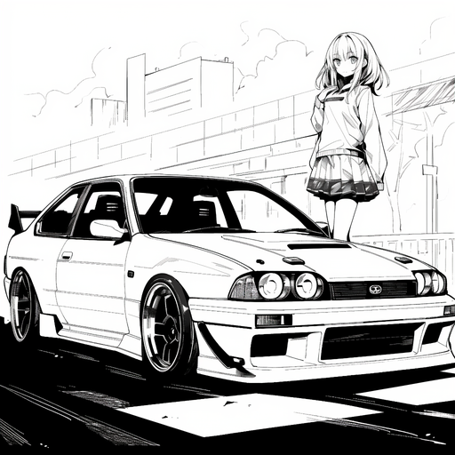 Black and white manga-style car zooming through city streets.