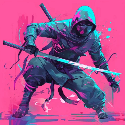 Stylized ninja profile picture with dynamic pose, wielding dual katanas, set against a vibrant pink background.