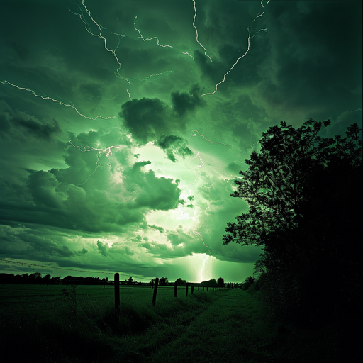 Vibrant green lightning illuminating a dark sky.