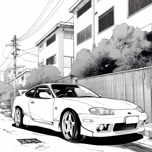 Monochrome manga car illustration.