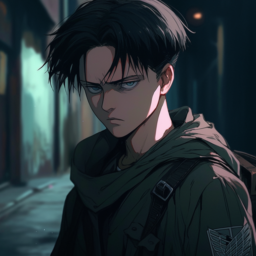 Confident and serious Levi Ackerman pfp with graffiti effect.