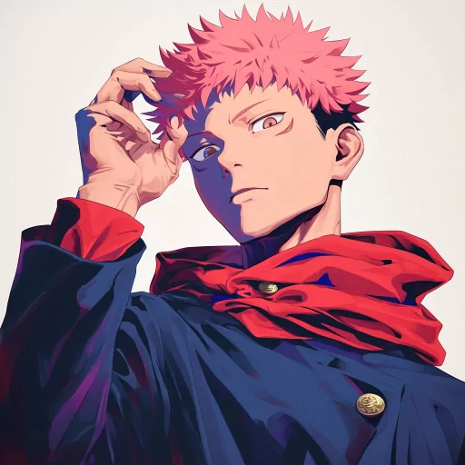 Stylized avatar of an anime character with spiky pink hair and a determined expression, wearing a dark jacket with a red collar.