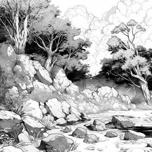 Black and white manga landscape scene.