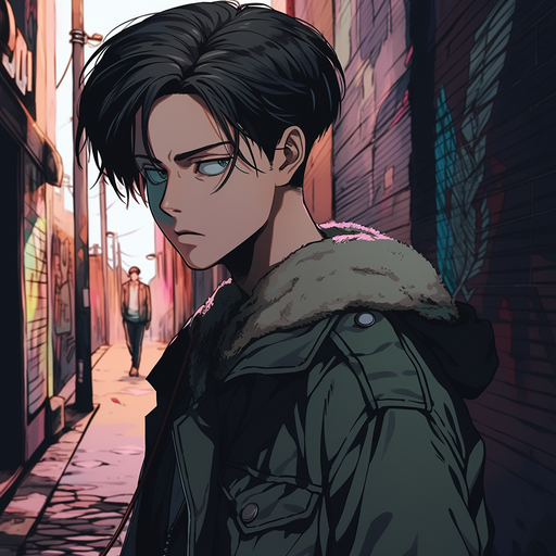 Levi Ackerman from Attack on Titan, wearing a confident smile, posing in front of graffiti.