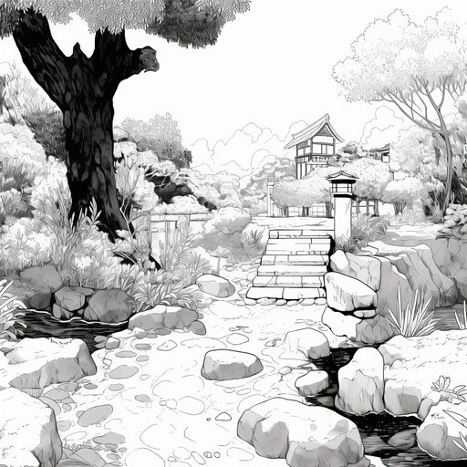 Black and white manga landscape depicting a scenic scene.