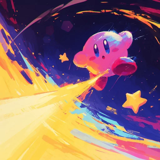 Vibrant Kirby avatar with dynamic starry backdrop, ideal for profile picture use.
