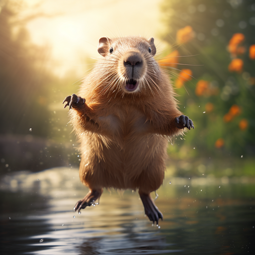 Playful capybara mid-jump, full of energy and joy