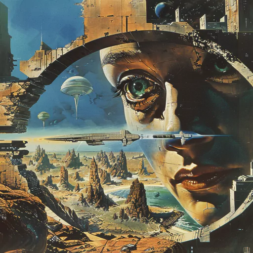 A surreal sci-fi landscape featuring a woman's face integrated into futuristic scenery, with floating structures and celestial elements in the background.