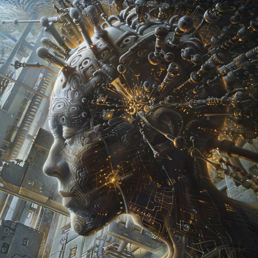 Avatar of a futuristic face integrated with complex circuits and neural connections, embodying sci-fi themes of artificial intelligence and the mind.