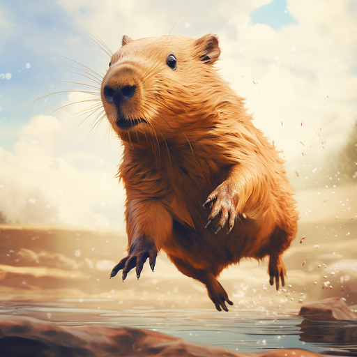 Cheerful capybara mid-jump with a playful expression.