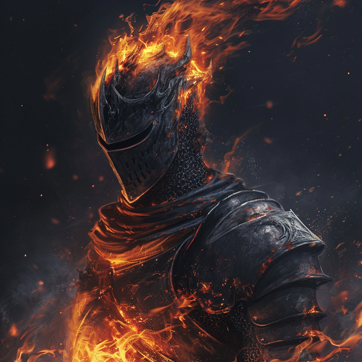 A dark warrior with burning flames emerging from its body in a dramatic pose.