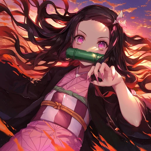 Animated avatar of Nezuko with flowing hair and bamboo muzzle against a sunset background for a profile photo.