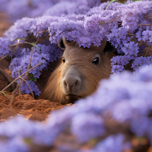 Capybara peeking from behind leaves