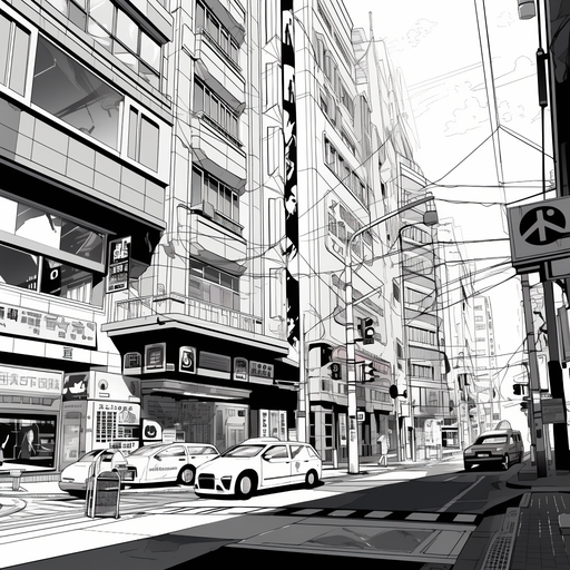 Black and white cityscape with manga-inspired architecture.