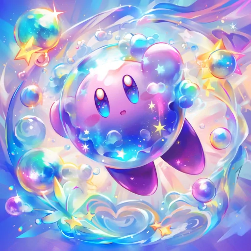 Colorful Kirby avatar with a magical and cosmic background, ideal for a profile photo or PFP.