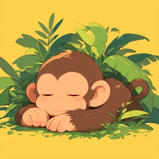 Cute cartoon monkey avatar lying peacefully among green leaves on a yellow background.