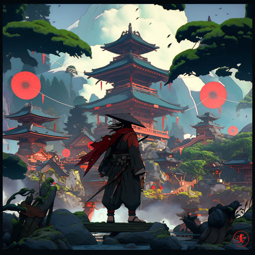 Ninja-inspired character with vibrant colors in Studio Ghibli style.