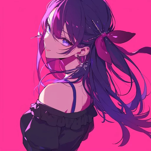 Illustration of a character with the name Ai Hoshino featuring as a vibrant anime-style avatar with long purple hair against a pink background, ideal as a profile picture.