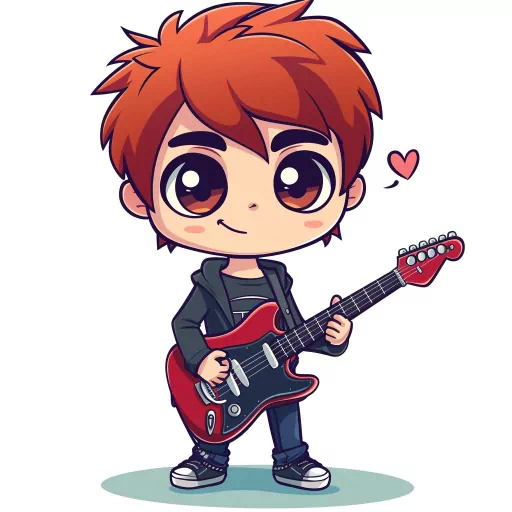 Chibi-style Scott Pilgrim avatar playing a red guitar with a heart overhead.