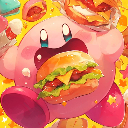 Colorful cartoon avatar of Kirby surrounded by food, with a focus on a large, appetizing burger, ideal for a profile photo or gaming PFP.
