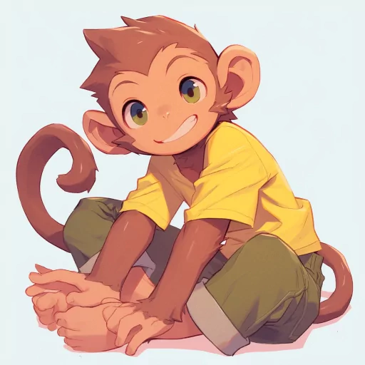 Cartoon monkey avatar with a friendly smile, wearing a yellow shirt and green pants, sitting down with legs crossed.