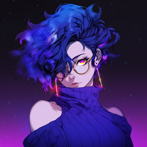 Sci-fi anime character with vibrant colored hair, surrounded by a futuristic background.