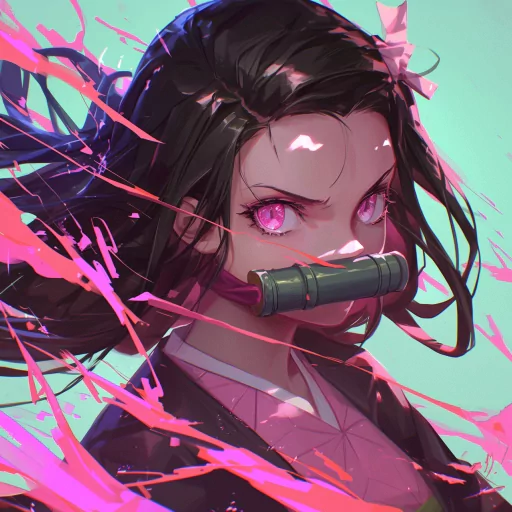 Stylized profile picture of an anime character with distinctive pink eyes and a bamboo piece in her mouth, accentuated by dynamic pink slashes in the background.