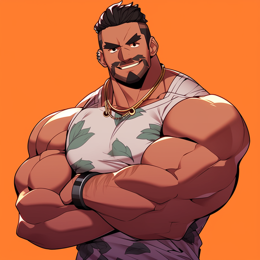Muscular anime profile picture with a vibrant color palette.