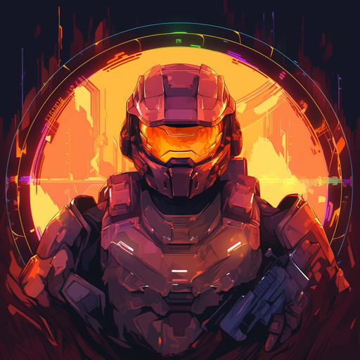 Master Chief, a helmeted soldier from a futuristic video game, in a vibrant artwork.