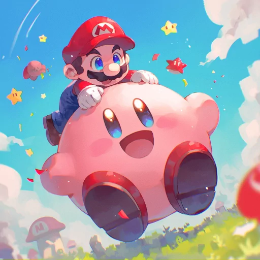 Colorful avatar featuring a small animated version of Mario riding Kirby, set against a sky blue background with sparks and mushrooms, perfect for a gaming-themed profile picture.