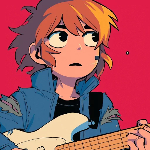 Illustrated avatar of a character inspired by Scott Pilgrim holding a guitar, with a vibrant red background.