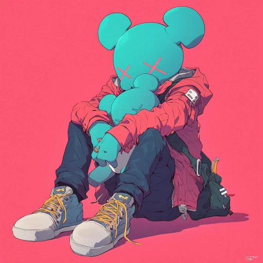 KAWS-inspired avatar with a stylized character in trendy attire sitting against a pink background.