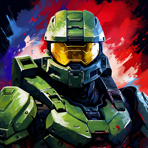 Pop art style portrait of Master Chief from the Halo video game series.