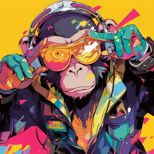 Stylish monkey avatar wearing colorful sunglasses and headphones against a vibrant yellow and pink background.