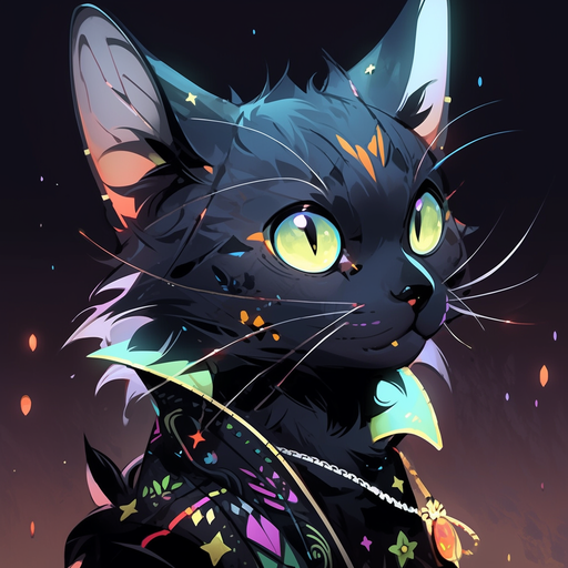 Anime-style profile picture featuring a colorful cat with a celestial theme