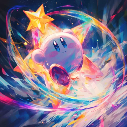 Vibrant Kirby avatar with a dynamic star and colorful swirls, ideal for a profile photo or PFP.