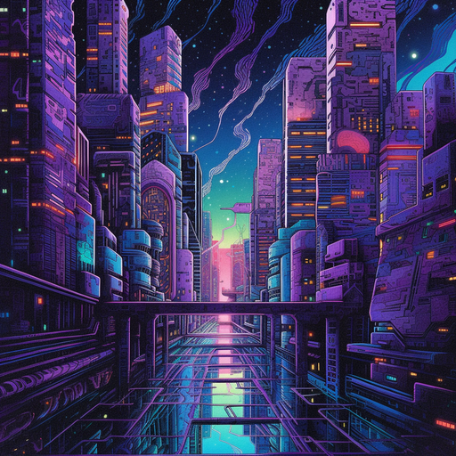 Vibrant nighttime cityscape with neon lights.