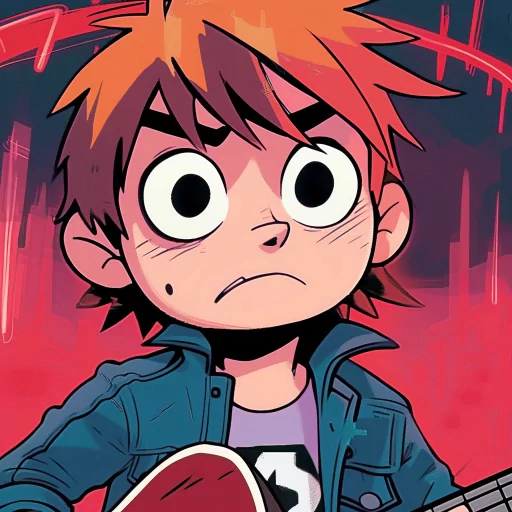 Scott Pilgrim avatar with a surprised expression against a red background for a profile picture.