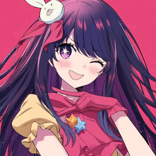 Colorful Ai Hoshino avatar with a vibrant smile, sporting blue hair and a pink background for a lively profile picture.