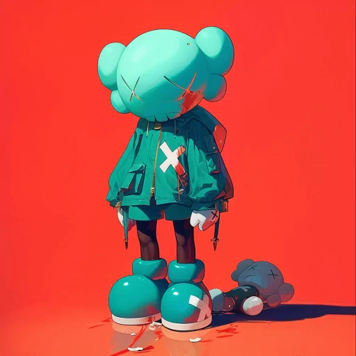 KAWS inspired avatar image featuring a stylized character in a green jacket with distinctive crossed-out eyes against a vibrant red background, perfect for a modern and artistic profile photo.