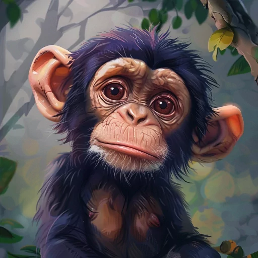 Digital illustration of a cute monkey suitable for use as an avatar or profile picture, featuring detailed fur texture and expressive eyes against a leafy background.