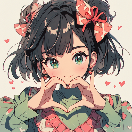 90's anime-style girl forming a heart shape with her fingers, portraying cuteness.