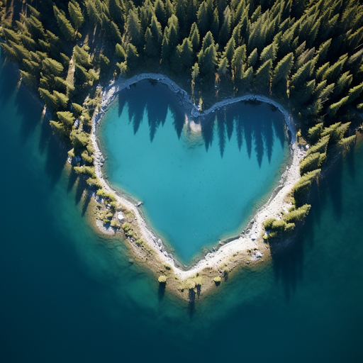 Heart-shaped lake with clear blue water, viewed from above.